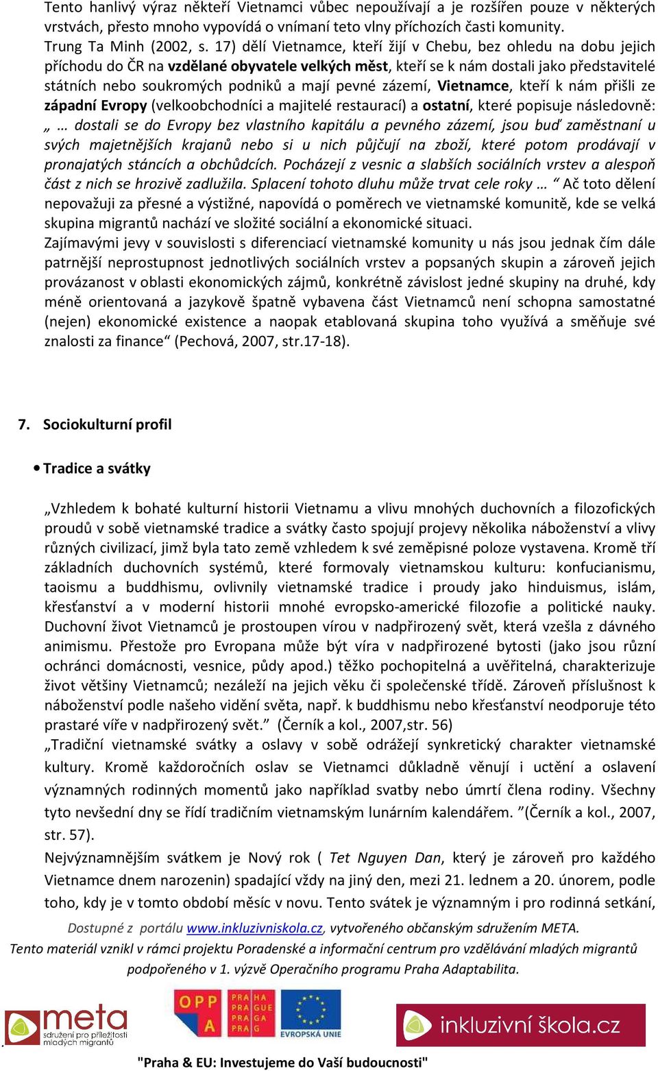 zázemí, Vietnamce, kteří k nám přišli ze západní Evropy (velkoobchodníci a majitelé restaurací) a ostatní, které popisuje následovně: dostali se do Evropy bez vlastního kapitálu a pevného zázemí,