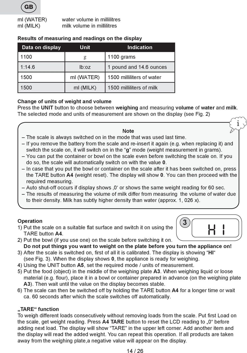 The selected mode and units of measurement are shown on the display (see Fi. 2) Note The scale is always switched on in the mode that was used last time.