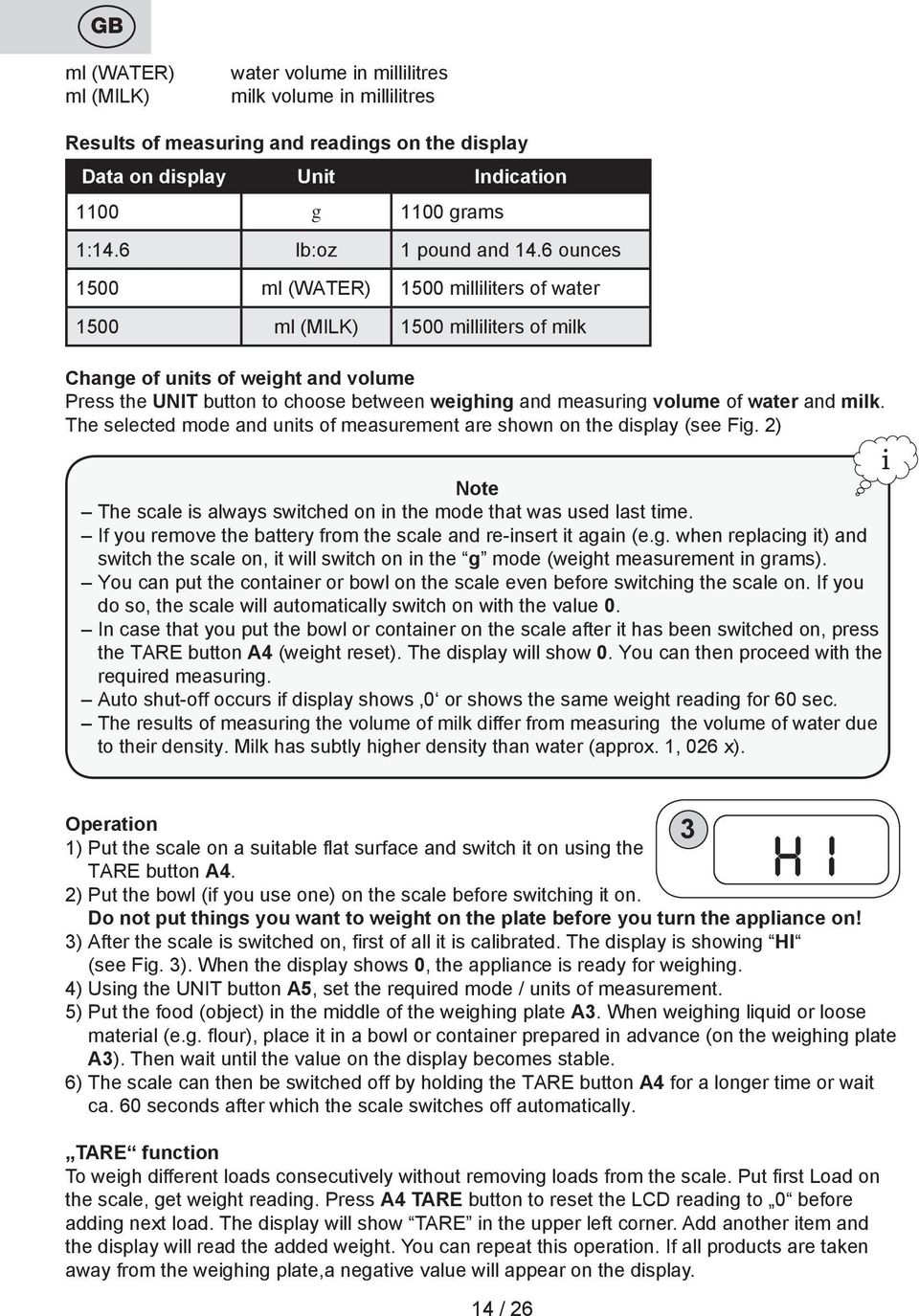 The selected mode and units of measurement are shown on the display (see Fi. 2) Note The scale is always switched on in the mode that was used last time.