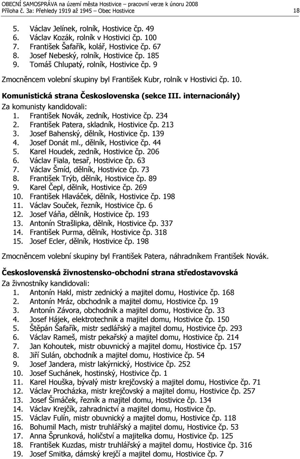 Komunistická strana Československa (sekce III. internacionály) Za komunisty kandidovali: 1. František Novák, zedník, Hostivice čp. 234 2. František Patera, skladník, Hostivice čp. 213 3.