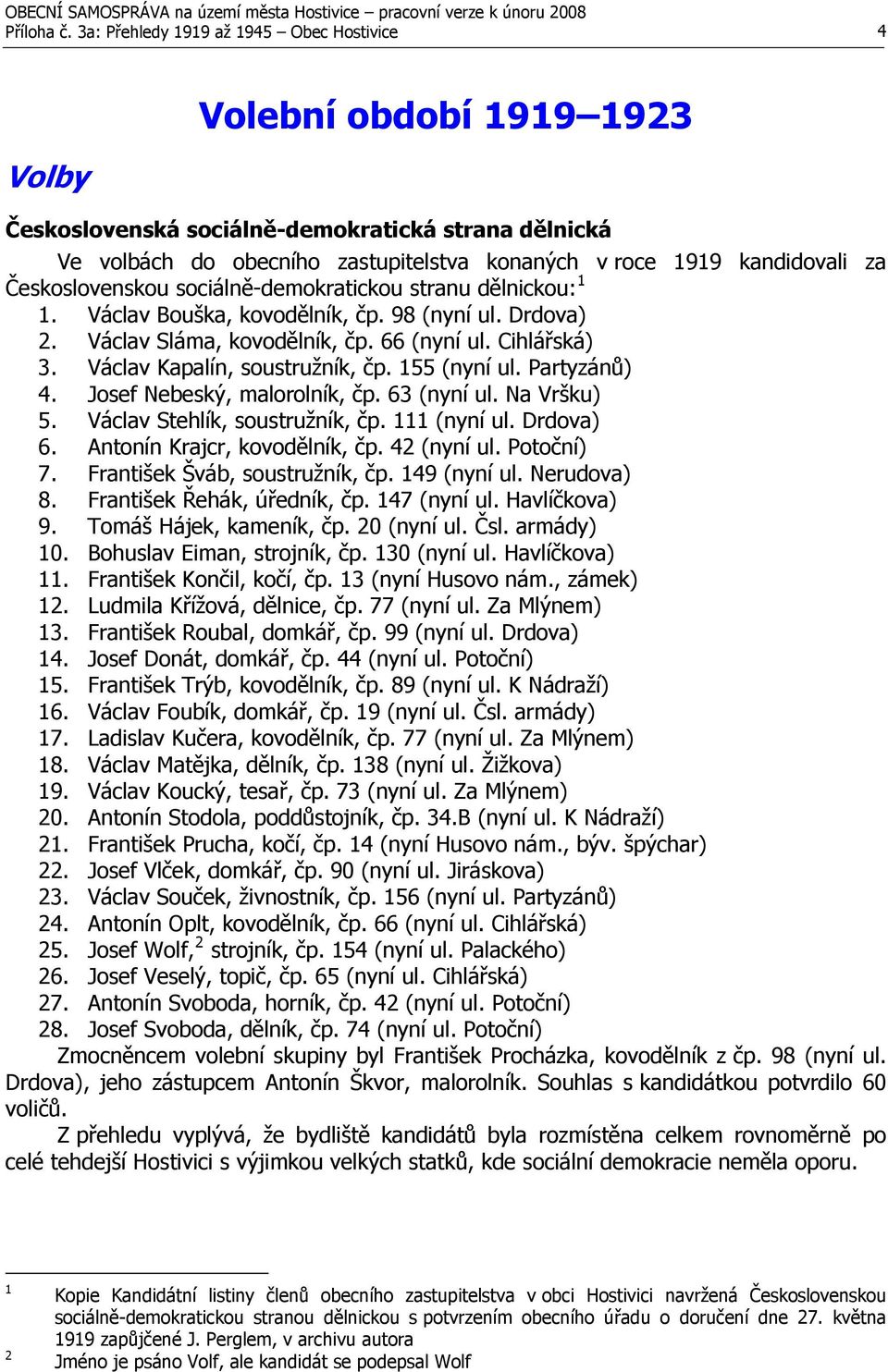 za Československou sociálně-demokratickou stranu dělnickou: 1 1. Václav Bouška, kovodělník, čp. 98 (nyní ul. Drdova) 2. Václav Sláma, kovodělník, čp. 66 (nyní ul. Cihlářská) 3.