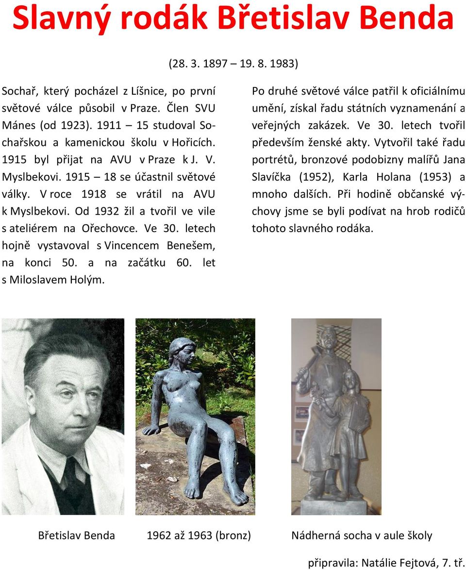 Od 1932 žil a tvořil ve vile s ateliérem na Ořechovce. Ve 30. letech hojně vystavoval s Vincencem Benešem, na konci 50. a na začátku 60. let s Miloslavem Holým.