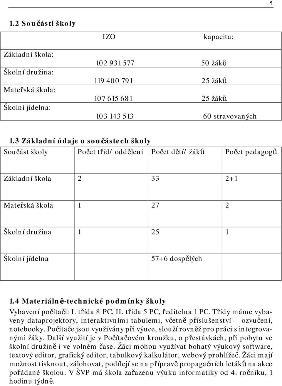 dospělých 1.4 Materiálně-technické podmínky školy Vybavení počítači: I. třída 8 PC, II. třída 5 PC, ředitelna 1 PC.