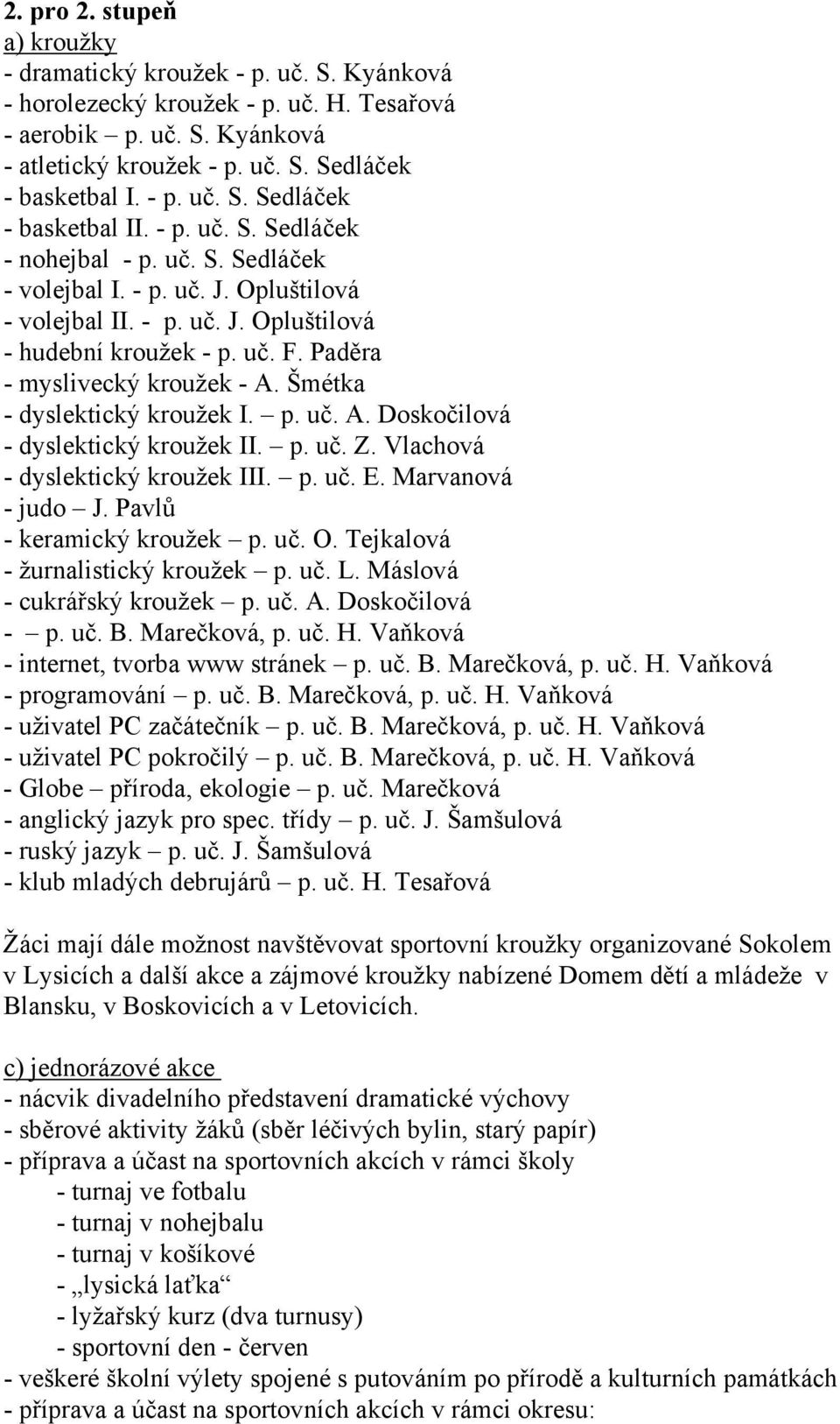 Paděra - myslivecký kroužek - A. Šmétka - dyslektický kroužek I. p. uč. A. Doskočilová - dyslektický kroužek II. p. uč. Z. Vlachová - dyslektický kroužek III. p. uč. E. Marvanová - judo J.