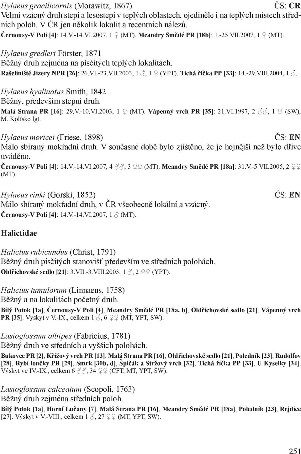 Rašeliniště Jizery NPR [26]: 26.VI.-23.VII.2003, 1, 1 (YPT). Tichá říčka PP [33]: 14.-29.VIII.2004, 1. Hylaeus hyalinatus Smith, 1842 Běžný, především stepní druh. Malá Strana PR [16]: 29.V.-10.VI.2003, 1 (MT).