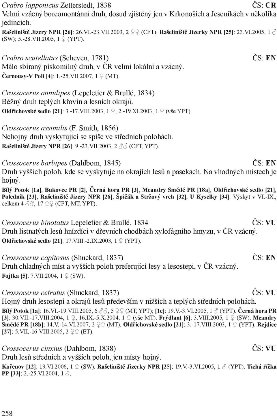 Crossocerus annulipes (Lepeletier & Brullé, 1834) Běžný druh teplých křovin a lesních okrajů. Oldřichovské sedlo [21]: 3.-17.VIII.2003, 1, 2.-19.XI.2003, 1 (vše YPT). Crossocerus assimilis (F.