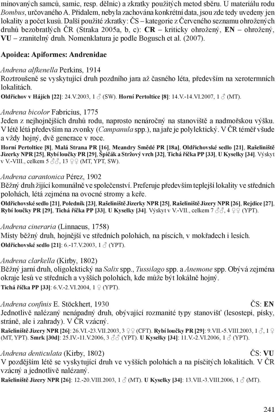 Další použité zkratky: ČS kategorie z Červeného seznamu ohrožených druhů bezobratlých ČR (Straka 2005a, b, c): CR kriticky ohrožený, EN ohrožený, VU zranitelný druh.