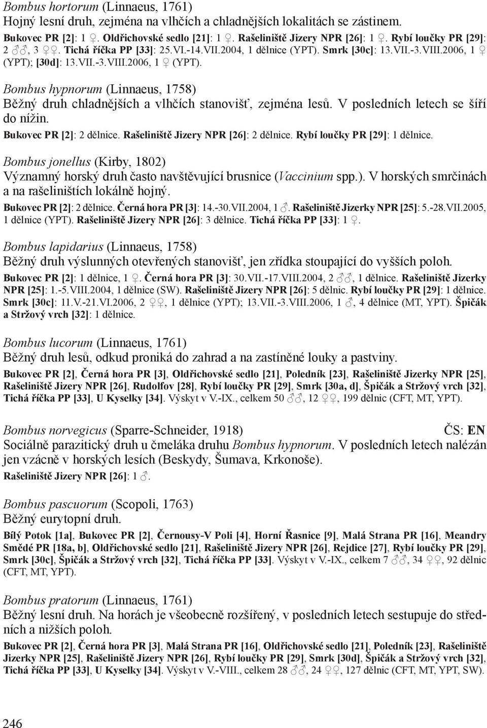 [30d]: 13.VII.-3.VIII.2006, 1 (YPT). Bombus hypnorum (Linnaeus, 1758) Běžný druh chladnějších a vlhčích stanovišť, zejména lesů. V posledních letech se šíří do nížin. Bukovec PR [2]: 2 dělnice.