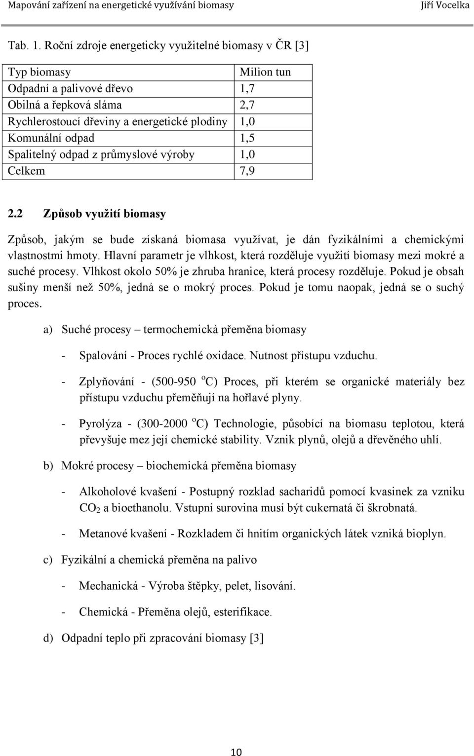 1,5 Spalitelný odpad z průmyslové výroby 1,0 Celkem 7,9 2.2 Způsob využití biomasy Způsob, jakým se bude získaná biomasa využívat, je dán fyzikálními a chemickými vlastnostmi hmoty.