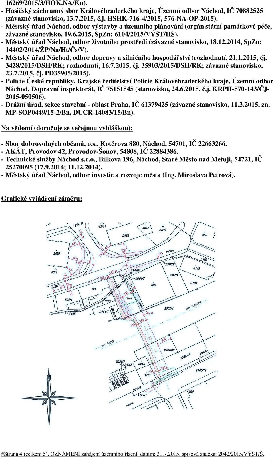 - Městský úřad Náchod, odbor životního prostředí (závazné stanovisko, 18.12.2014, SpZn: 14402/2014/ŽP/Na/Ht/Čs/V). - Městský úřad Náchod, odbor dopravy a silničního hospodářství (rozhodnutí, 21.1.2015, čj.