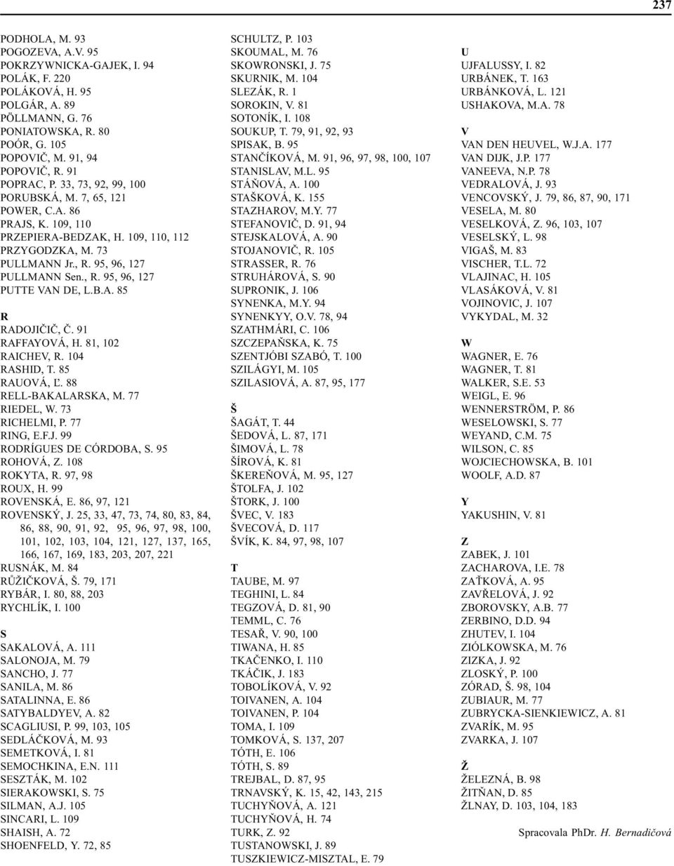 B.A. 85 R RADOJIÈIÈ, È. 91 RA AYOVÁ, H. 81, 102 RAICHEV, R. 104 RASHID, T. 85 RAUOVÁ, ¼. 88 RELL-BAKALARSKA, M. 77 RIEDEL, W. 73 RICHELMI, P. 77 RING, E..J. 99 RODRÍGUES DE CÓRDOBA, S. 95 ROHOVÁ, Z.