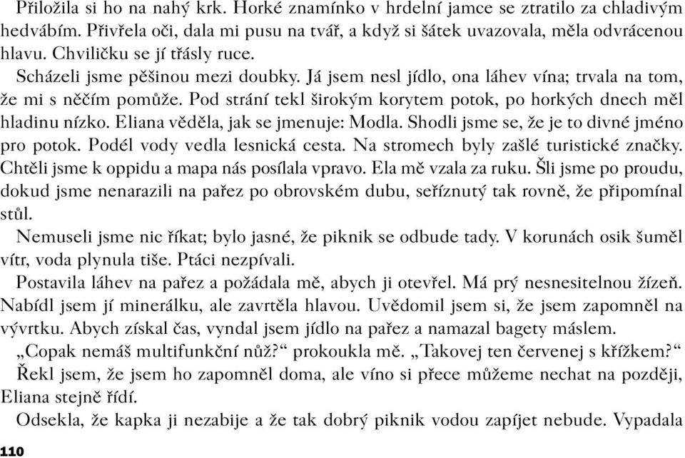 Pod strání tekl širokým korytem potok, po horkých dnech mìl hladinu nízko. Eliana vìdìla, jak se jmenuje: Modla. Shodli jsme se, že je to divné jméno pro potok. Podél vody vedla lesnická cesta.