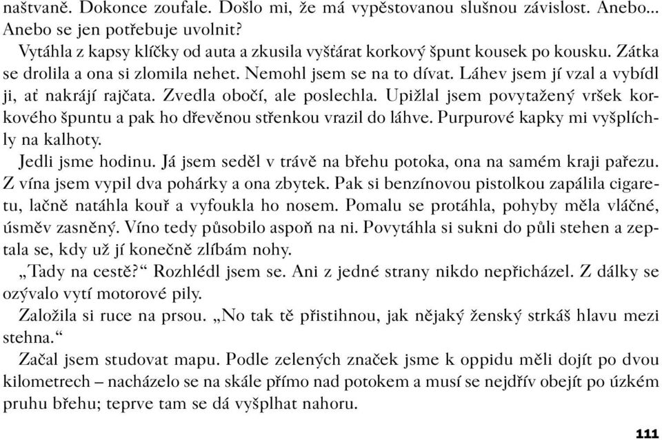 Upižlal jsem povytažený vršek korkového špuntu a pak ho døevìnou støenkou vrazil do láhve. Purpurové kapky mi vyšplíchly na kalhoty. Jedli jsme hodinu.