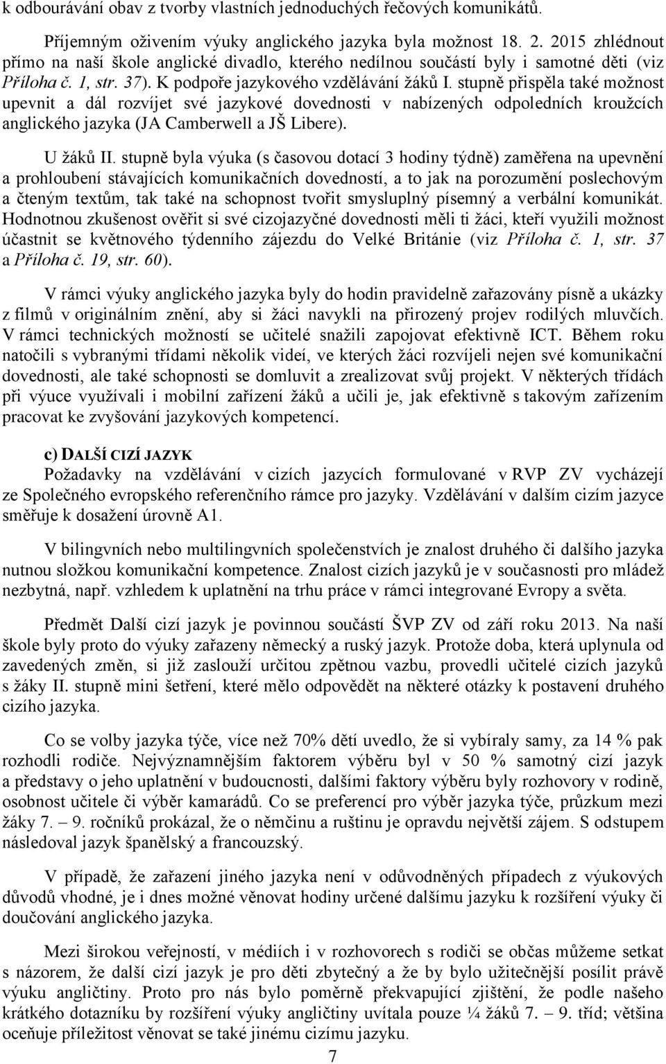 stupně přispěla také možnost upevnit a dál rozvíjet své jazykové dovednosti v nabízených odpoledních kroužcích anglického jazyka (JA Camberwell a JŠ Libere). U žáků II.