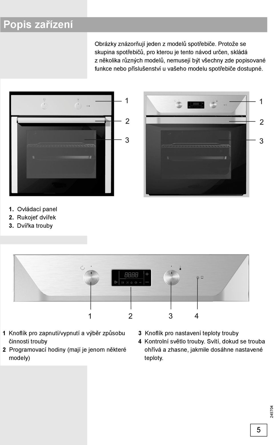 nebo příslušenství u vašeho modelu spotřebiče dostupné. 1. Ovládací panel 2. Rukojeť dvířek 3.