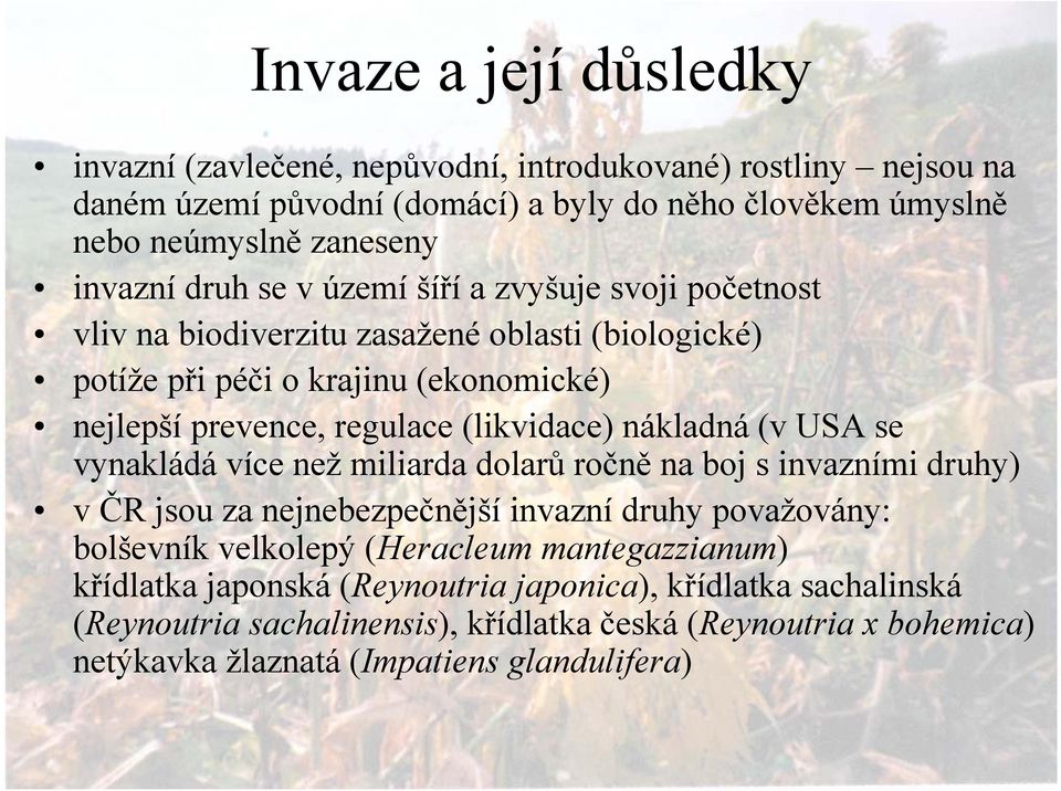 nákladná (v USA se vynakládá více než miliarda dolarů ročně na boj s invazními druhy) v ČR jsou za nejnebezpečnější invazní druhy považovány: bolševník velkolepý (Heracleum