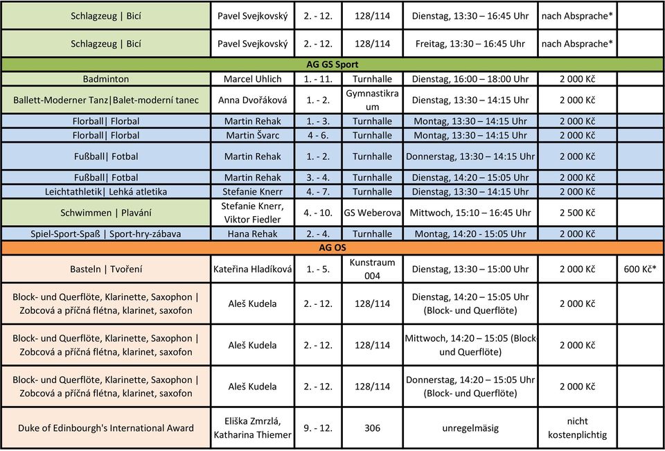 Turnhalle Montag, 13:30 14:15 Uhr Florball Florbal Martin Švarc 4-6. Turnhalle Montag, 13:30 14:15 Uhr Fußball Fotbal Martin Rehak 1. - 2.