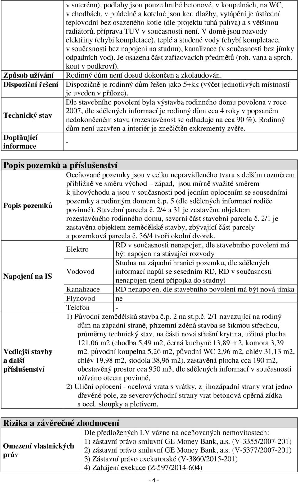 V domě jsou rozvody elektřiny (chybí kompletace), teplé a studené vody (chybí kompletace, v současnosti bez napojení na studnu), kanalizace (v současnosti bez jímky odpadních vod).