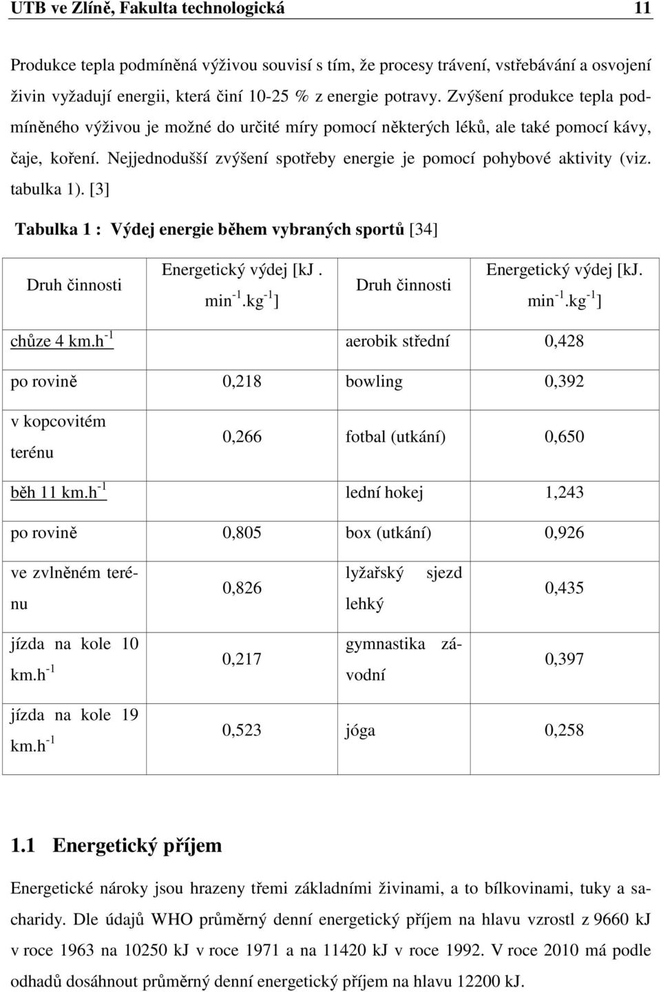 tabulka 1). [3] Tabulka 1 : Výdej energie během vybraných sportů [34] Druh činnosti Energetický výdej [kj. min -1.kg -1 ] Druh činnosti Energetický výdej [kj. min -1.kg -1 ] chůze 4 km.