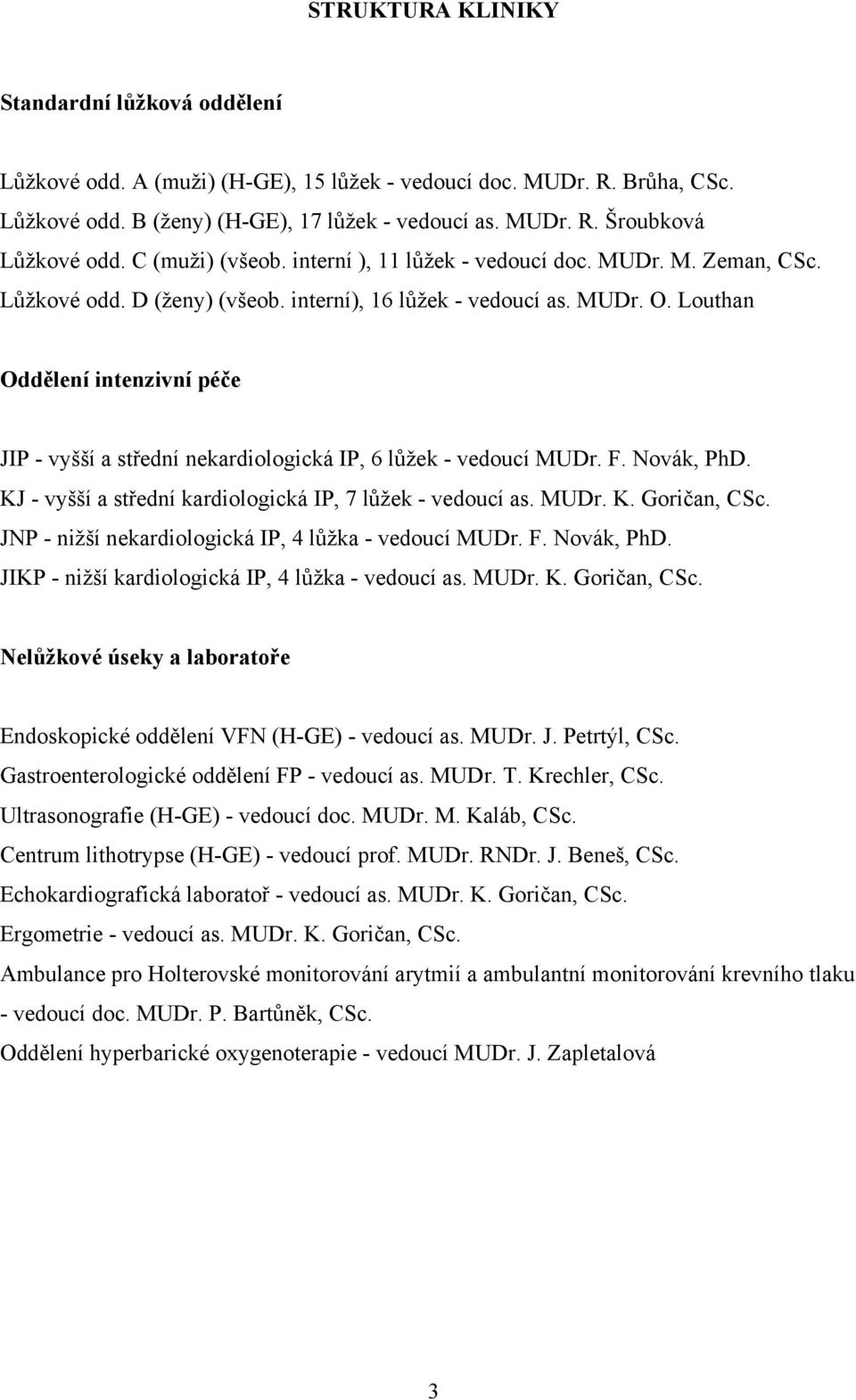 Louthan Oddělení intenzivní péče JIP - vyšší a střední nekardiologická IP, 6 lůžek - vedoucí MUDr. F. Novák, PhD. KJ - vyšší a střední kardiologická IP, 7 lůžek - vedoucí as. MUDr. K. Goričan, CSc.