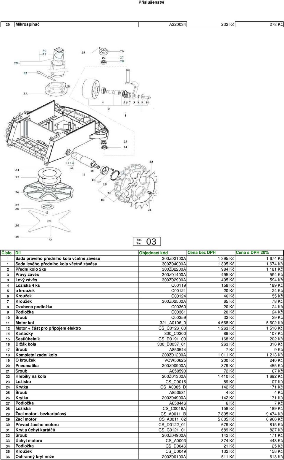 7 Kroužek 300Z02500A 65 Kč 78 Kč 8 Ozubená podložka C00360 20 Kč 24 Kč 9 Podložka C00361 20 Kč 24 Kč 10 Šroub C00359 32 Kč 39 Kč 11 Motor kol 321_A0106_0 4 668 Kč 5 602 Kč 12 Motor + část pro