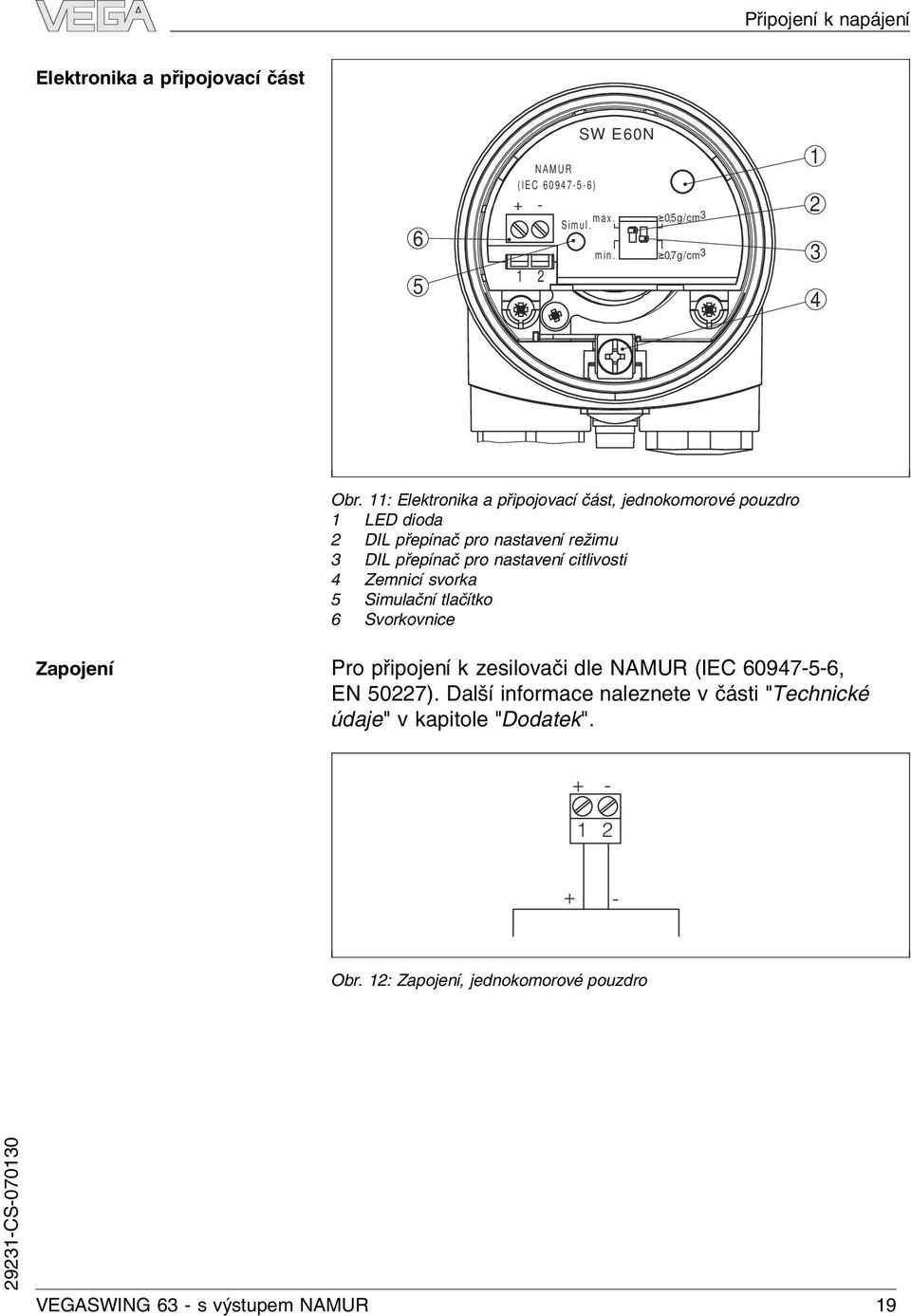 11: Eektronika a připojovací část, jednokomorové pouzdro 1 LED dioda 2 DIL přepínač pro nastavení režimu 3 DIL přepínač pro nastavení