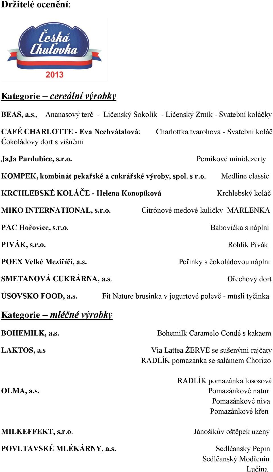 s r.o. KRCHLEBSKÉ KOLÁČE - Helena Konopíková Medline classic Krchlebský koláč MIKO INTERNATIONAL, s.r.o. PAC Hořovice, s.r.o. PIVÁK, s.r.o. POEX Velké Meziříčí, a.s. SMETANOVÁ CUKRÁRNA, a.s. Citrónové medové kuličky MARLENKA Bábovička s náplní Rohlík Pivák Peřinky s čokoládovou náplní Ořechový dort ÚSOVSKO FOOD, a.