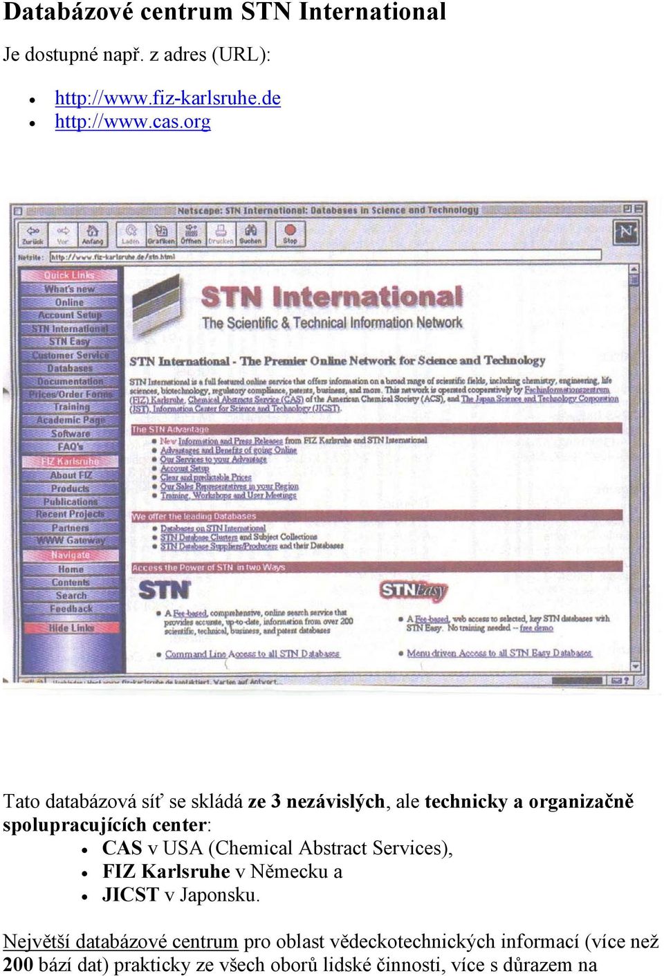 USA (Chemical Abstract Services), FIZ Karlsruhe v Německu a JICST v Japonsku.