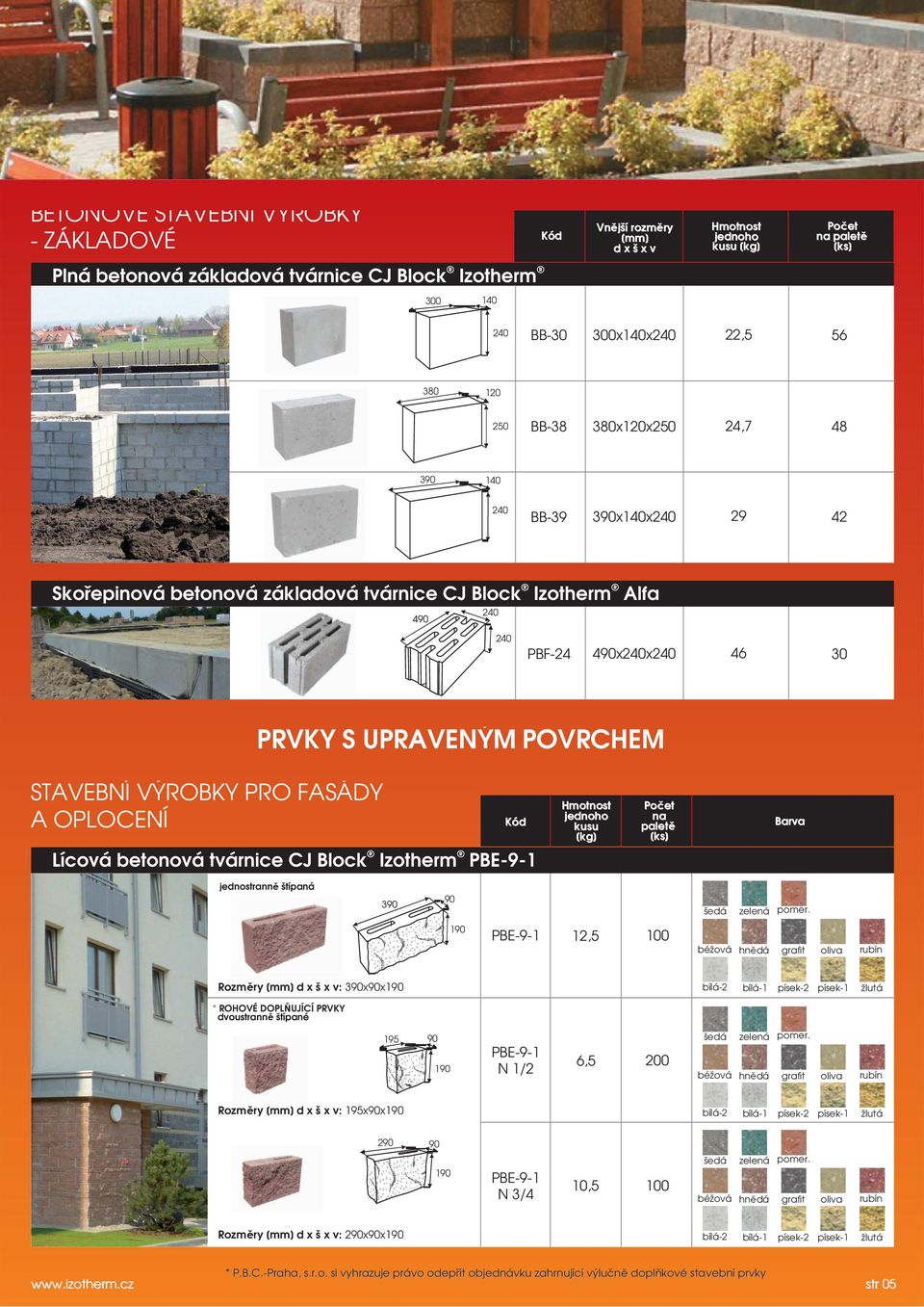 STAVEBNÍ VÝROBKY PRO FASÁDY A OPLOCENÍ Lícová betonová tvárnice CJ Block Izotherm PBE-9-1 Kód kusu [kg] na paletě jednostranně štípaná 3 PBE-9-1 12,5 100 3xx * ROHOVÉ DOPLŇUJÍCÍ PRVKY