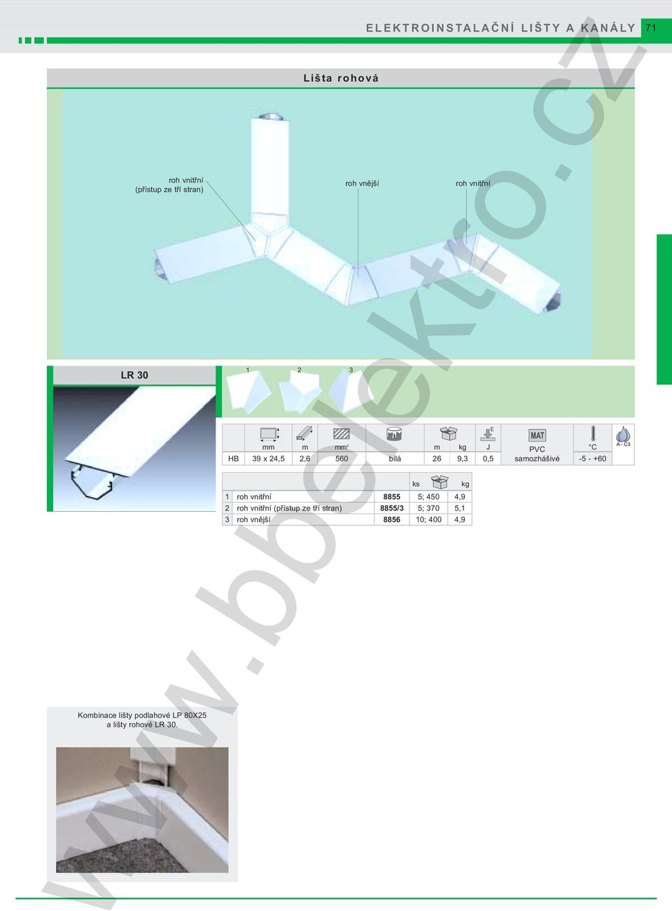Lišta rohová 1 2 3 roh vnější ELEKTROINSTALAČNÍ LIŠTY A KANÁLY 71 mm m mm 2 m J HB 39