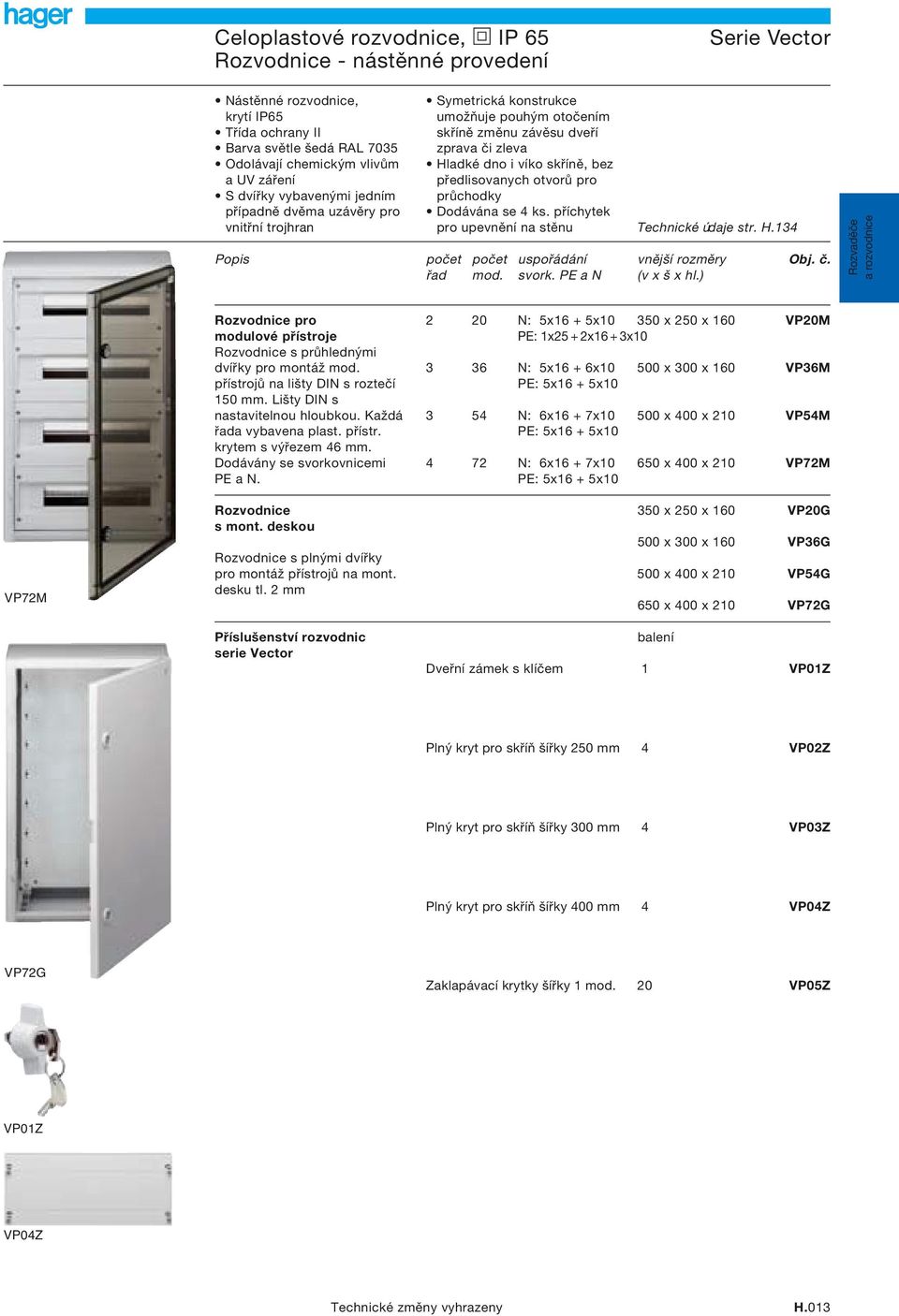 předlisovanych otvorů pro průchodky Dodávána se 4 ks. příchytek pro upevnění na stěnu Technické údaje str. H.134 Popis počet počet uspořádání vnější rozměry Obj. č. řad mod. svork. PE a N (v x š x hl.