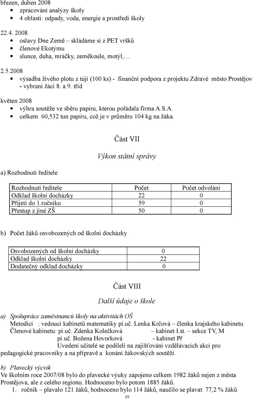 S.A. celkem 60,532 tun papíru, což je v průměru 104 kg na žáka. a) Rozhodnutí ředitele Část VII Výkon státní správy Rozhodnutí ředitele Počet Počet odvolání Odklad školní docházky 22 0 Přijetí do 1.