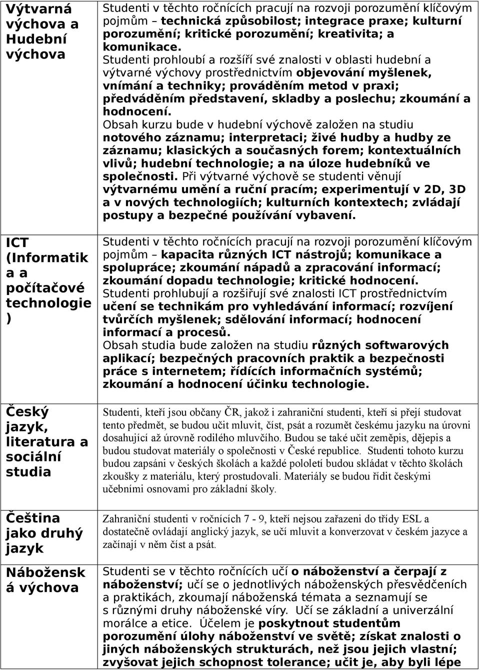 Studenti prohloubí a rozšíří své znalosti v oblasti hudební a výtvarné výchovy prostřednictvím objevování myšlenek, vnímání a techniky; prováděním metod v praxi; předváděním představení, skladby a