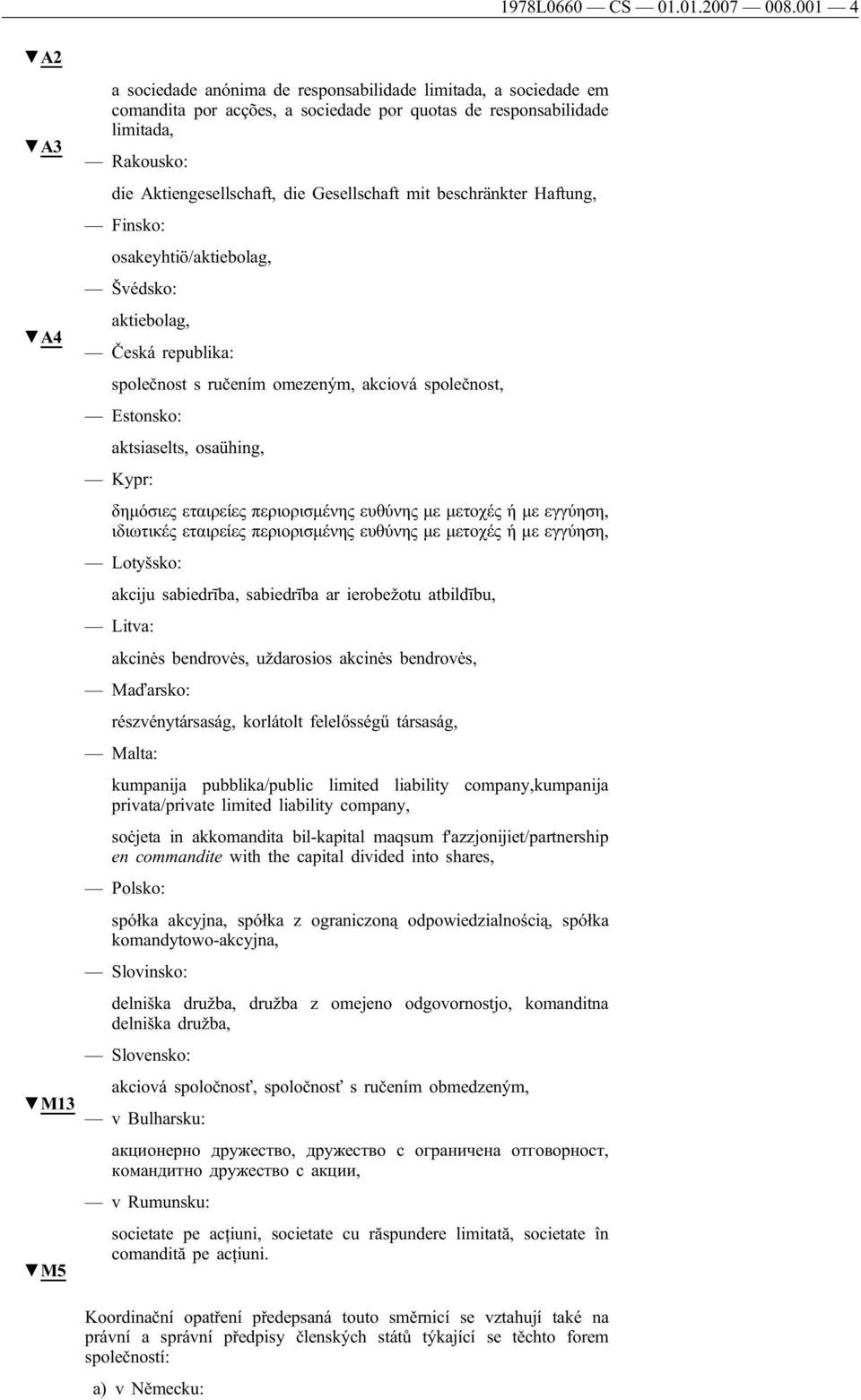 Gesellschaft mit beschränkter Haftung, Finsko: osakeyhtiö/aktiebolag, Švédsko: aktiebolag, A4 Česká republika: společnost s ručením omezeným, akciová společnost, Estonsko: aktsiaselts, osaühing,