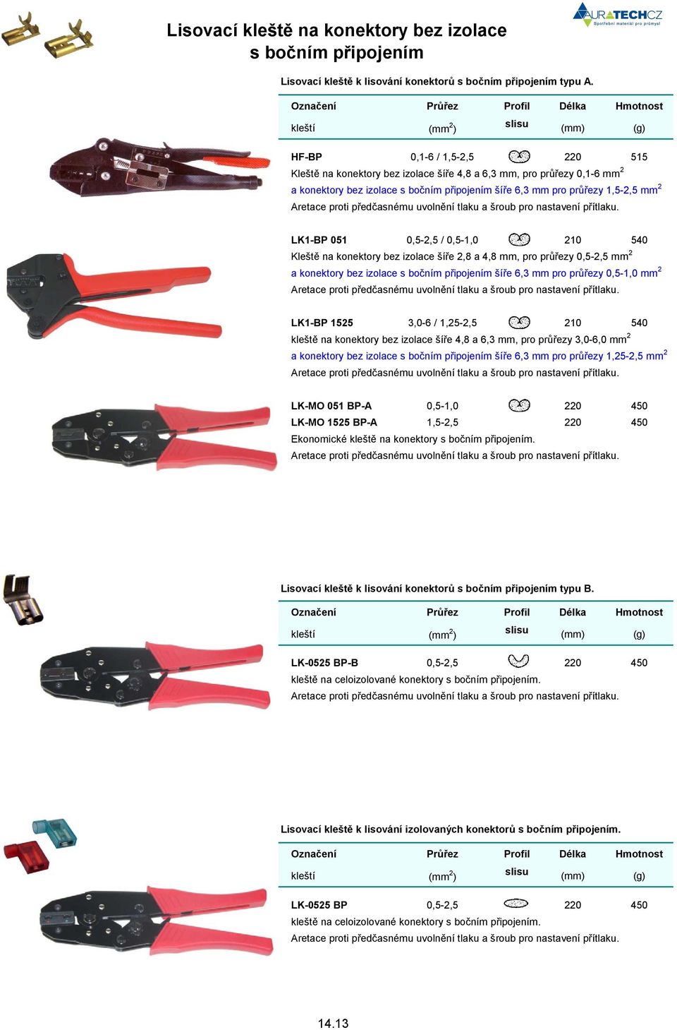 051 0,5-2,5 / 0,5-1,0 210 540 Klešt na konektory bez izolace ší e 2,8 a 4,8 mm, pro pr ezy 0,5-2,5 mm 2 a konektory bez izolace s bo ním p ipojením ší e 6,3 mm pro pr ezy 0,5-1,0 mm 2 LK1-BP 1525