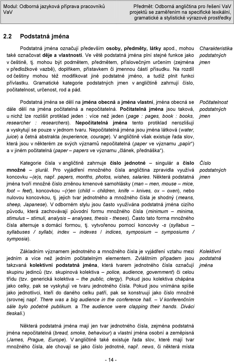 Na rozdíl od češtiny mohou též modifikovat jiné podstatné jméno, a tudíž plnit funkci přívlastku. Gramatické kategorie podstatných jmen v angličtině zahrnují číslo, počitatelnost, určenost, rod a pád.