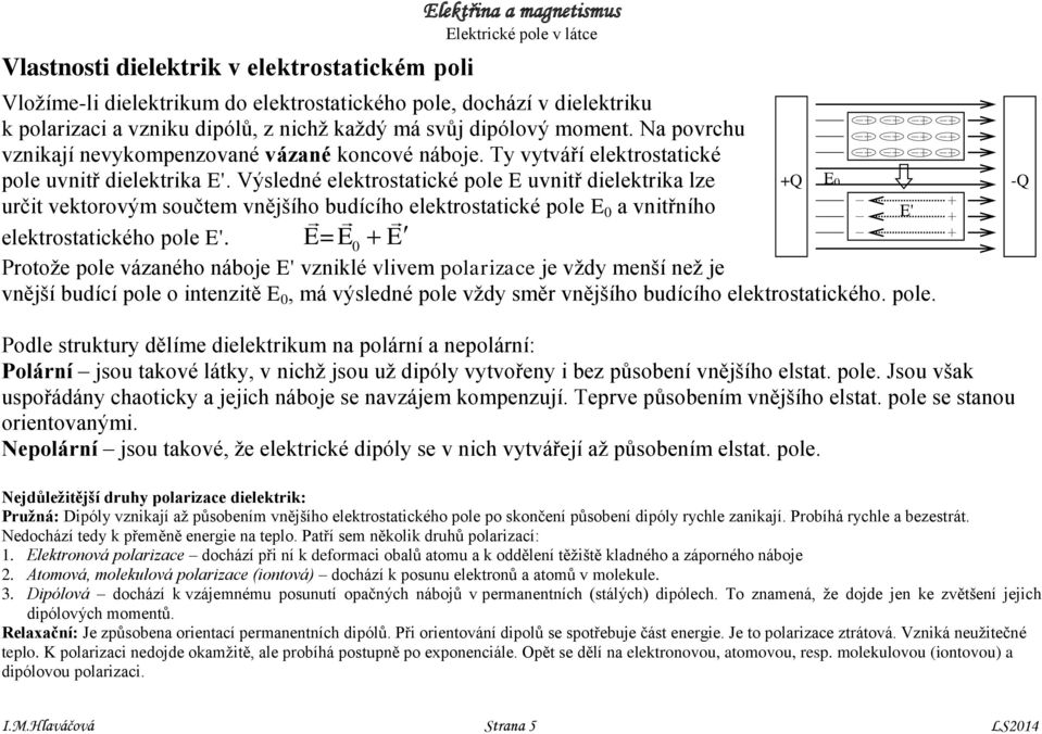 Výsledné elektrostatické pole E uvnitř dielektrika lze +Q určit vektorový součte vnějšího budícího elektrostatické pole E 0 a vnitřního E' elektrostatického pole E'.