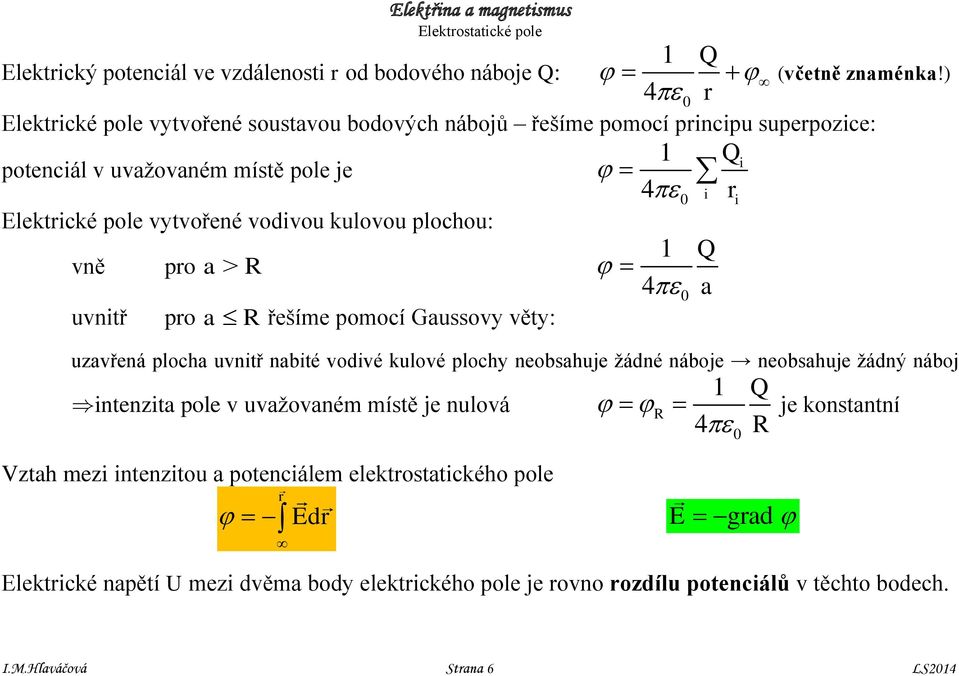 vně pro a> R uvnitř pro a R řešíe poocí Gaussovy věty: 1 4 1 4 uzavřená plocha uvnitř nabité vodivé kulové plochy neobsahuje žádné náboje neobsahuje žádný náboj intenzita pole v