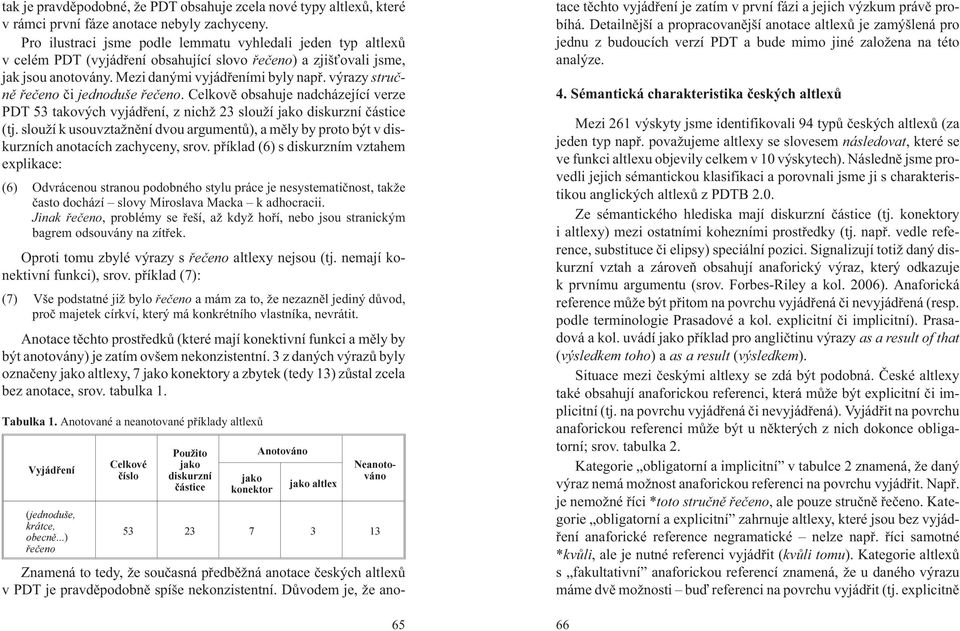 výrazy struènì øeèeno èi jednoduše øeèeno. Celkovì obsahuje nadcházející verze PDT 53 takových vyjádøení, z nich 23 slou í jako diskurzní èástice (tj.