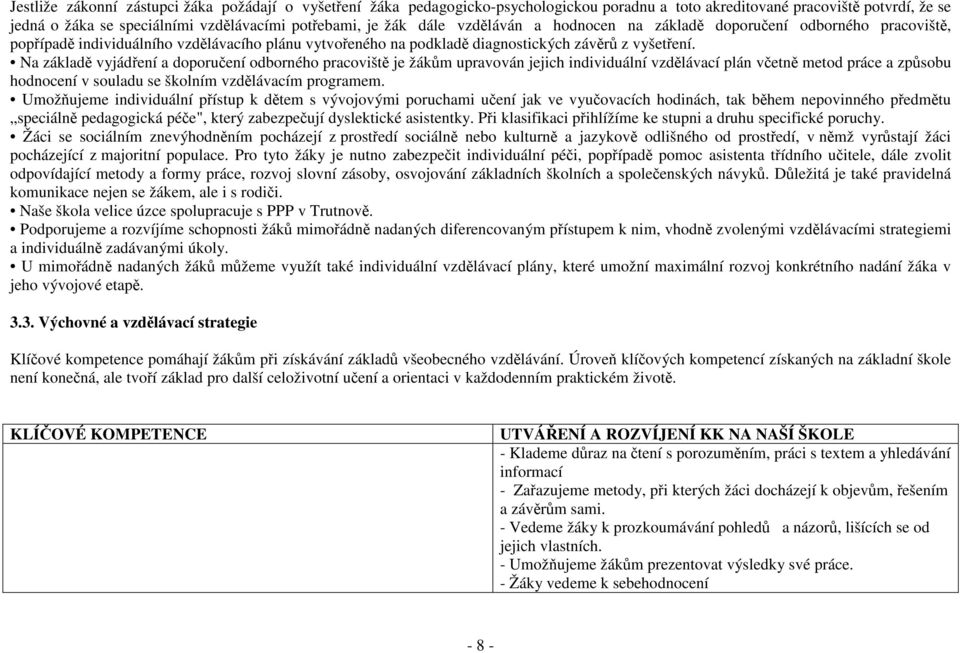 Na základě vyjádření a doporučení odborného pracoviště je žákům upravován jejich individuální vzdělávací plán včetně metod práce a způsobu hodnocení v souladu se školním vzdělávacím programem.