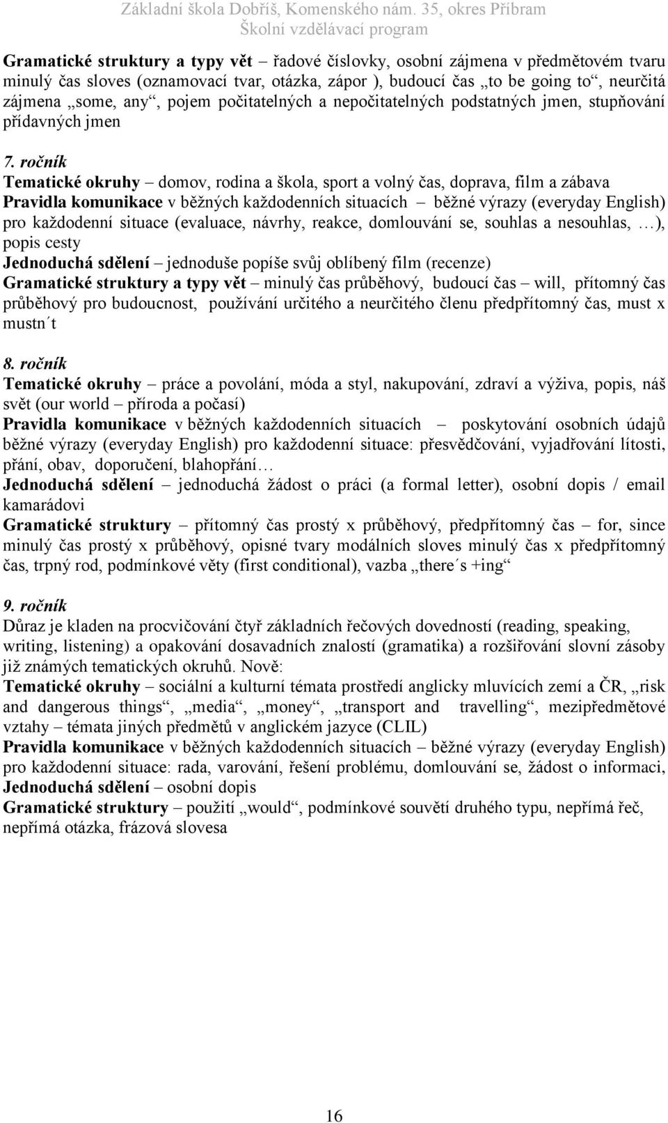 ročník Tematické okruhy domov, rodina a škola, sport a volný čas, doprava, film a zábava Pravidla komunikace v běžných každodenních situacích běžné výrazy (everyday English) pro každodenní situace