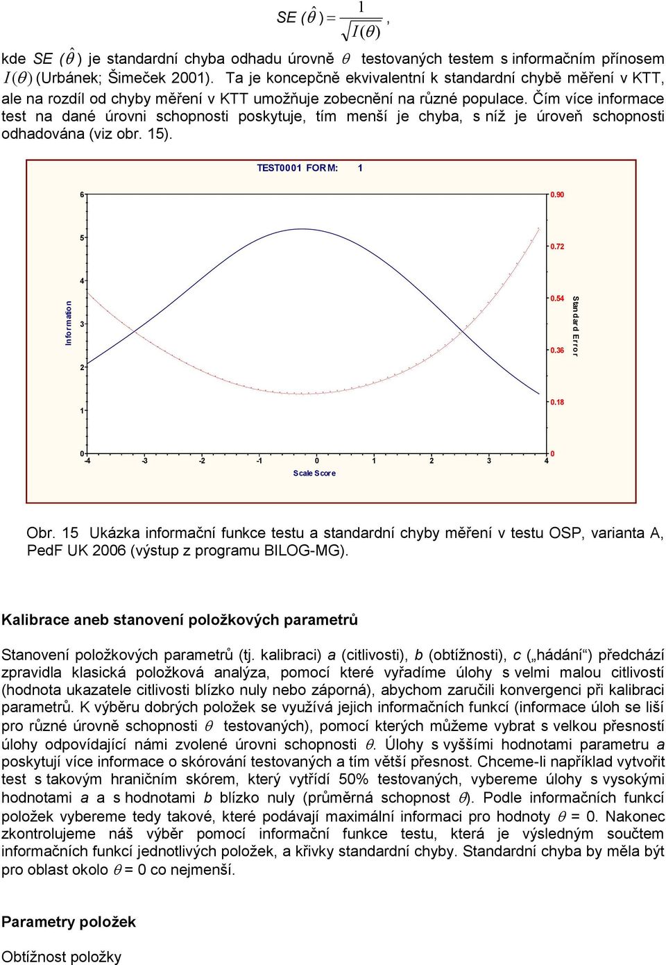 Čím více informace test na dané úrovni schopnosti poskytuje, tím menší je chyba, s níž je úroveň schopnosti odhadována (viz obr. 15). TEST0001 FORM: 1 6 0.90 5 0.72 4 0.54 3 0.36 2 1 0.