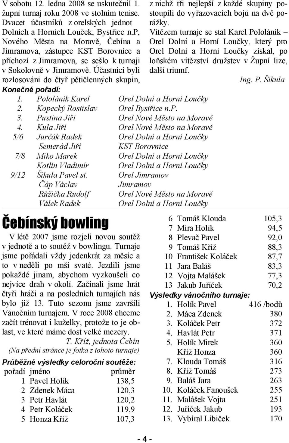 Účastníci byli rozlosováni do čtyř pětičlenných skupin, Konečné pořadí: 1. Pololáník Karel Orel Dolní a Horní Loučky 2. Kopecký Rostislav Orel Bystřice n.p. 3.