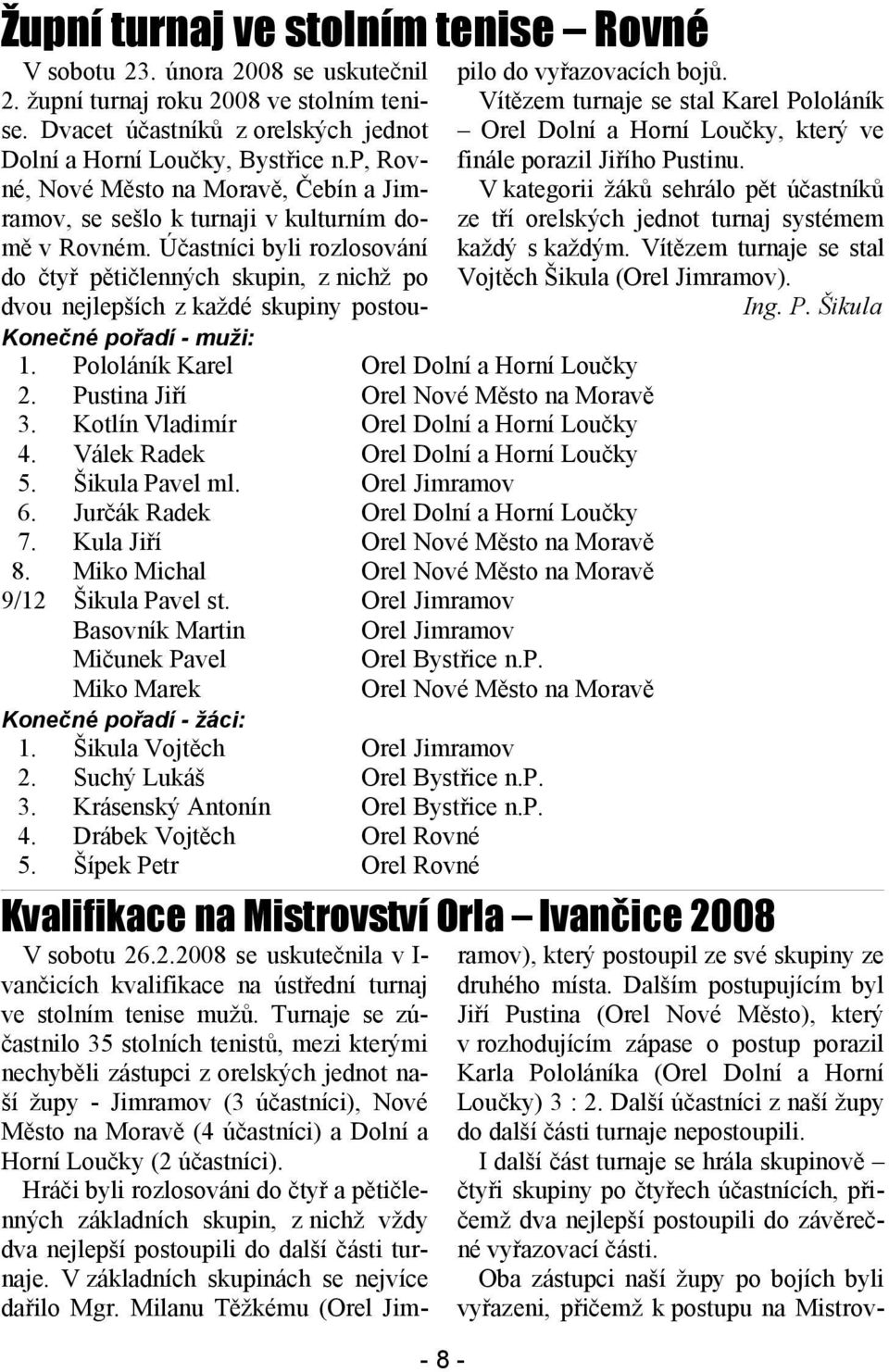 Miko Michal Orel Nové Město na Moravě 9/12 Šikula Pavel st. Orel Jimramov Basovník Martin Orel Jimramov Mičunek Pavel Orel Bystřice n.p. Miko Marek Orel Nové Město na Moravě Konečné pořadí - žáci: 1.