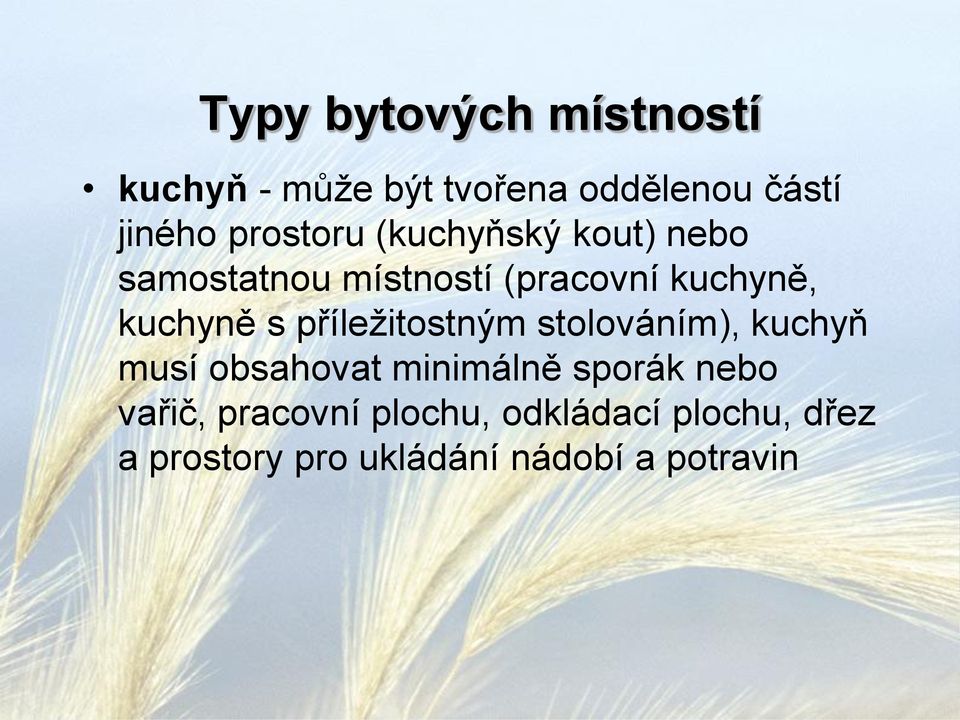 kuchyně s příležitostným stolováním), kuchyň musí obsahovat minimálně sporák