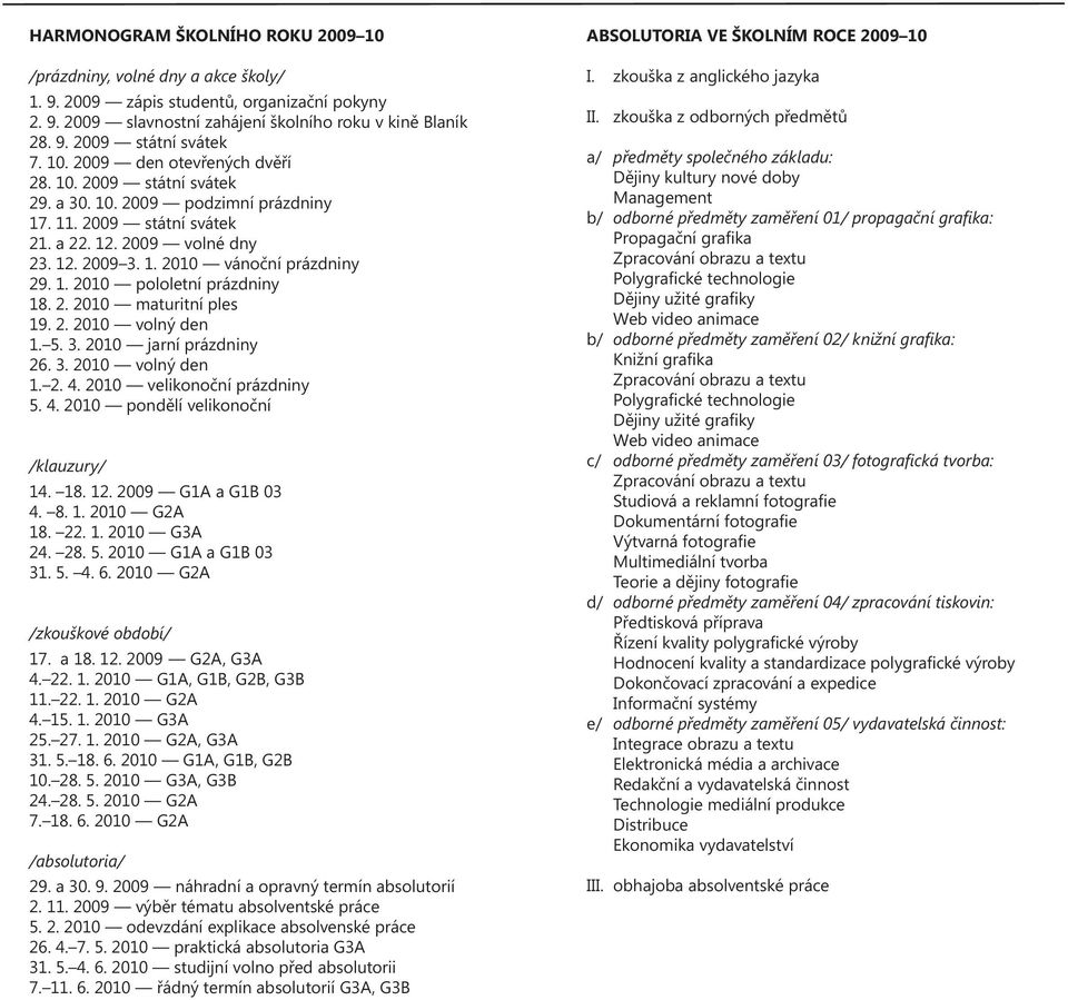 2. 2010 maturitní ples 19. 2. 2010 volný den 1. 5. 3. 2010 jarní prázdniny 26. 3. 2010 volný den 1. 2. 4. 2010 velikonoční prázdniny 5. 4. 2010 pondělí velikonoční /klauzury/ 14. 18. 12.