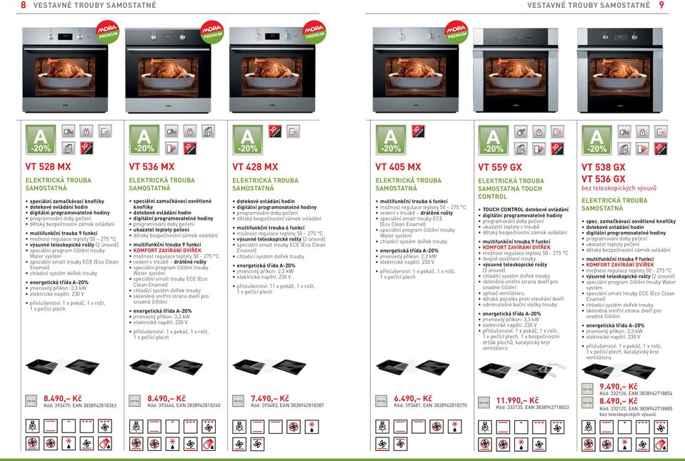 speciální smalt trouby ECE (Eco Clean Enamel) chladicí systém dvířek trouby energetická třída A-20% jmenovitý příkon: 3,3 kw příslušenství: 1 x pekáč, 1 x rošt, 1 x pečící plech VT 536 MX ELEKTRICKÁ