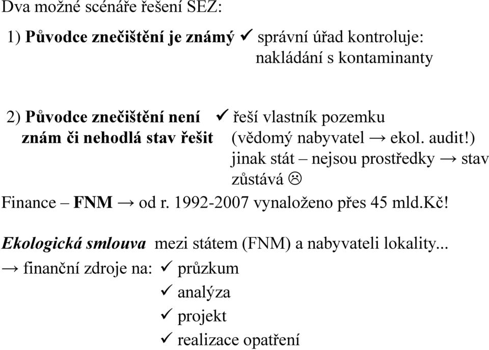 ekol. audit!) jinak stát nejsou prostředky stav zůstává Finance FNM od r. 1992-2007 vynaloženo přes 45 mld.kč!