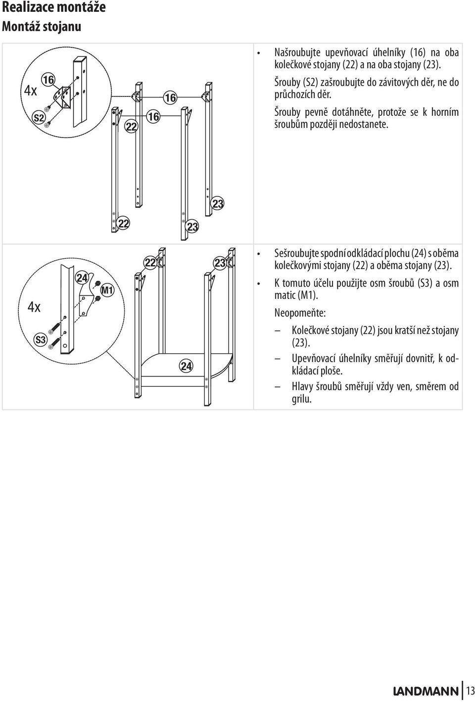 23 22 23 4x 24 M1 22 23 Sešroubujte spodní odkládací plochu (24) s oběma kolečkovými stojany (22) a oběma stojany (23).