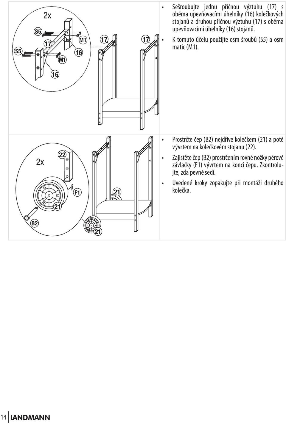 16 2x 22 F1 21 Prostrčte čep (B2) nejdříve kolečkem (21) a poté vývrtem na kolečkovém stojanu (22).